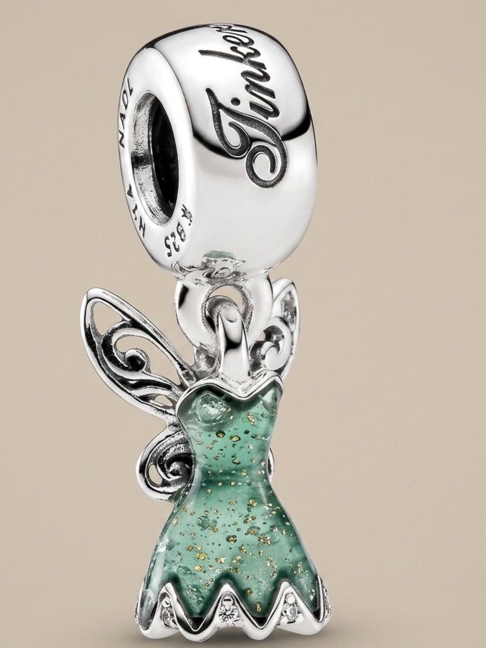 Pandora Silver Tinker Bell Dress Dangle Charm with Green Enamel and Gold Flecks
